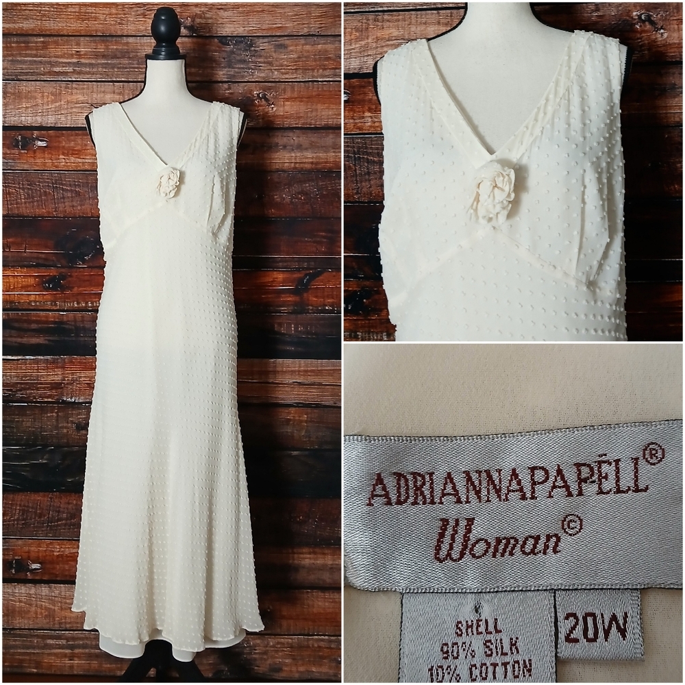 Vintage Adrianna Papell Dress 20W Cream Silk Swiss Dot Embroidered Rosette Lined